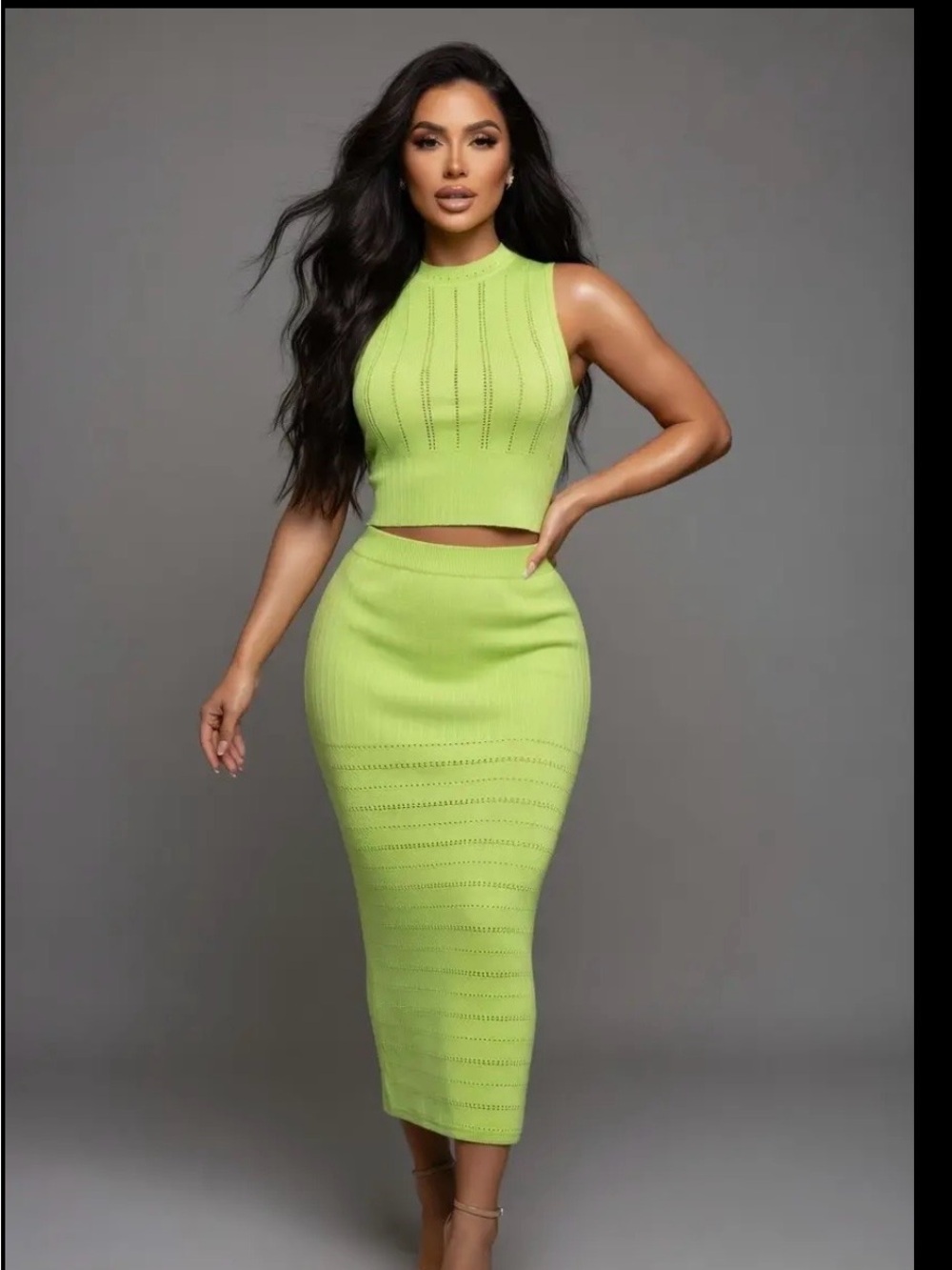 Sleek Citron Sleeveless Knit Top and Mermaid Skirt Set